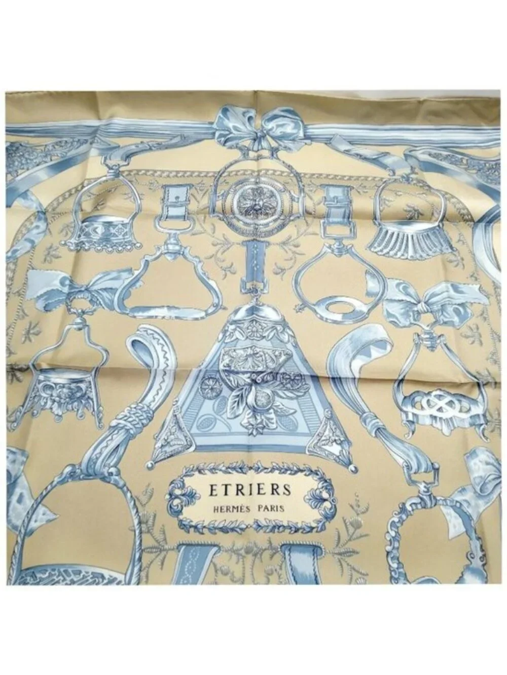 Authentic Hermès Étriers Carré 90 Silk Scarf Gold Blue Square Made in France